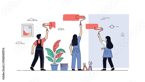 Home renovation and interior design project features a professional team of painters using rollers to apply fresh paint to a modern living room wall.