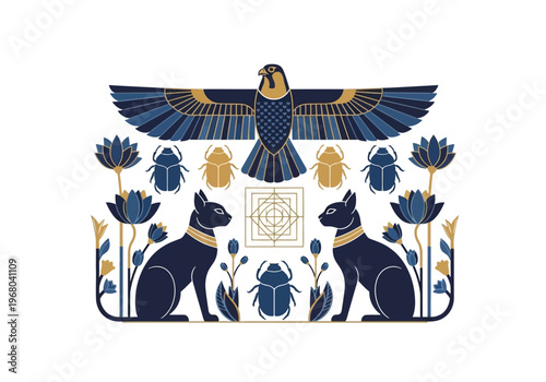 Ancient Egyptian Mythology Vector Illustration Featuring Horus Falcon Bastet Cats Scarab Beetles and Lotus Flowers in Blue and Gold Style