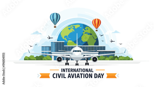 International Civil Aviation Day poster with a large airplane at the airport, a globe, hot air balloons, and a blue sky.