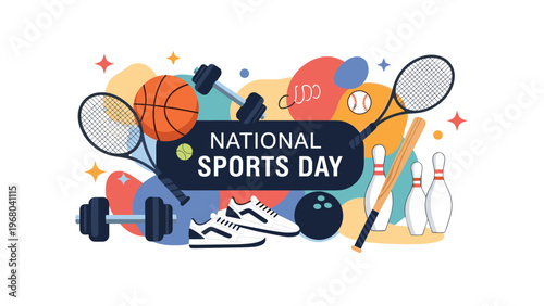 National Sports Day illustration with various equipment including tennis rackets, basketball, bowling pin, and weightlifting dumbbell.