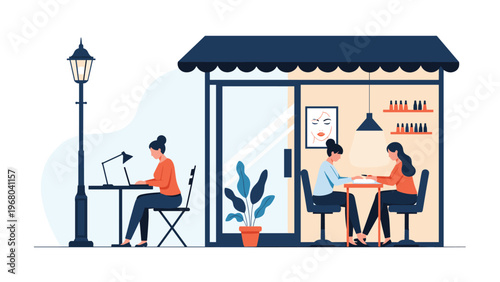 Women receiving a manicure at a beauty salon while another woman works on her laptop at a table outside the shop.