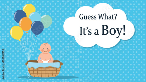 Baby boy announcement card with a cute infant in a basket attached to colorful balloons and a fluffy white cloud.