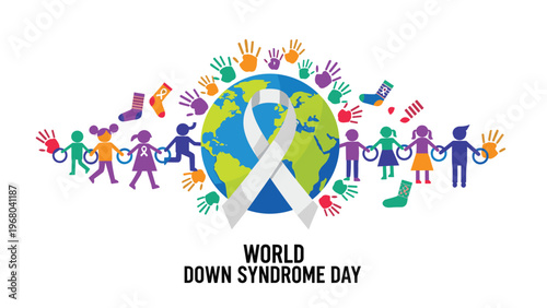 World Down Syndrome Day poster with diverse children holding hands around a globe with colorful socks and handprints.