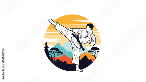 Martial arts athlete in a white uniform performing a high kick with a sun and mountain landscape in the background.
