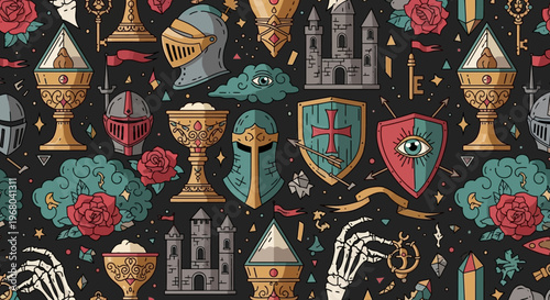 Medieval Fantasy Adventure Seamless Pattern with Knight Helmets, Castles, and Mystical Symbols