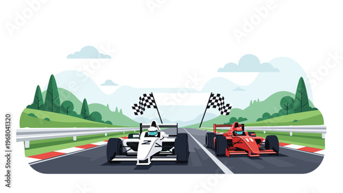 Two formula racing cars competing on a track with checkered flags and a scenic mountain and forest background.