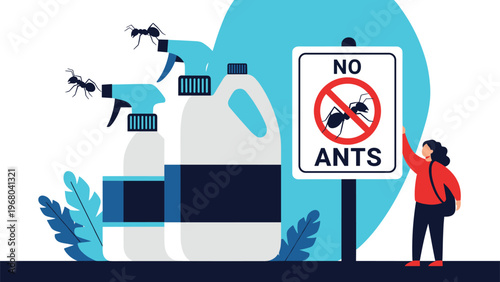 Pest control theme featuring spray bottles, a No Ants sign, and small ants crawling on a clean white and blue background.
