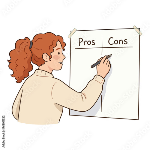 A woman writes on a pros and cons list on a whiteboard with a marker.