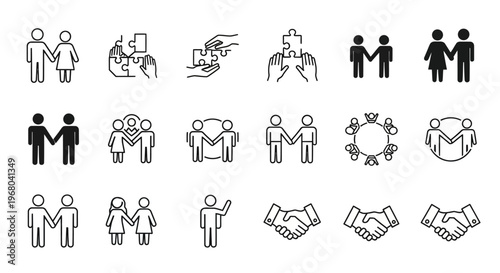 Diverse Set of Human Connection and Partnership Icons Illustrating Teamwork, Collaboration, and Unity in Modern Society and Professional Environments