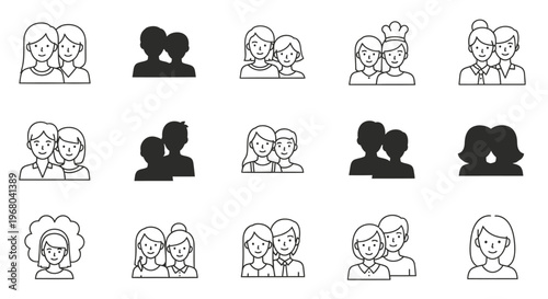 Collection of people icons representing couples and individuals, perfect for representing relationships and social connections in various digital designs