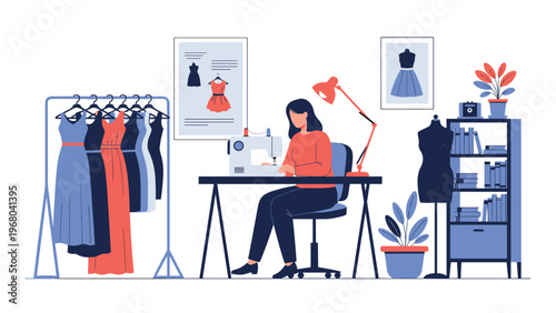 Fashion designer working at a sewing machine in a creative studio with racks of dresses and sketches on the wall.