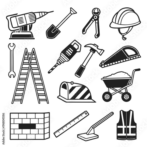 Construction Tools & Equipment Vector Bundle | Hard Hats, Hammers, Trucks, Cranes, Safety Gear, Icons