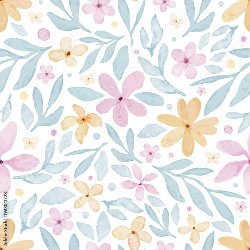 Seamless pattern watercolor pastel flower and blue leaf on white background. Botanical textile spring print design. Artistic nature background for wallpaper, wrapping paper and fabric decoration.