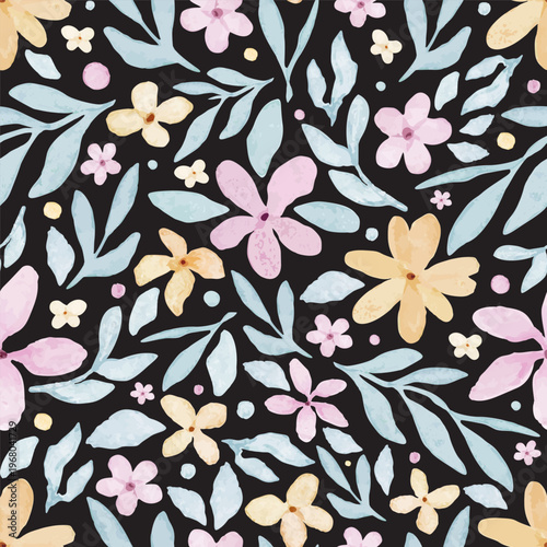 Seamless pattern watercolor pastel flower and blue leaf on black background. Botanical textile spring print design. Artistic nature background for wallpaper, wrapping paper and fabric decoration.
