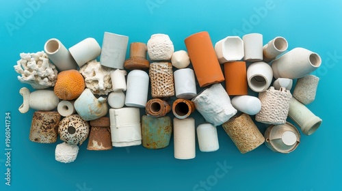 Collection of various ceramic filter media pieces used in aquarium filtration, arranged neatly on a blue background.