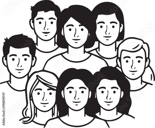A diverse group of individuals in graphic black and white illustration, each face a symbol of unique individuality, yet united by a shared sense of community. 