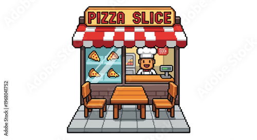 A charming pixel art illustration of a small pizzeria called Pizza Slice, featuring a friendly chef, display cases, and outdoor seating.