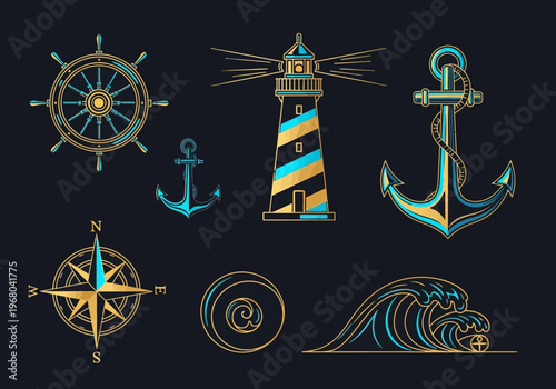 Elegant Gold and Turquoise Nautical Icon Set with Lighthouse, Anchor, Compass Rose, Ship Wheel, and Ocean Wave Vector Illustrations on Dark Background