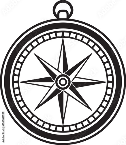 Navigational compass pointing the direction, embodying the spirit of exploration and adventure, in a clean, graphic style, perfect for illustrating the concepts of travel and discovery.