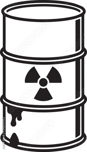 A stark, monochrome rendering of a hazardous waste barrel, boldly displaying the universal symbol for radioactive materials, hinting at danger and environmental concern.