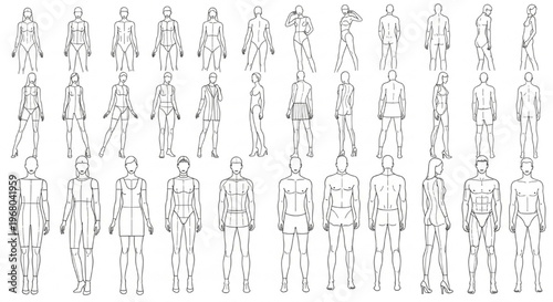Fashion Design Figures Vector Stylized Female Male Technical Drawing Croquis Illustration Set