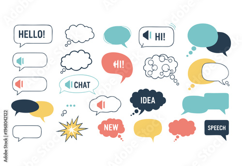 Collection of speech bubbles with various text and icons, representing communication and conversation
