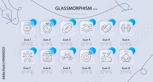 Fitness sport activity training set icon. Line symbols with smartwatch heart rate, stopwatch timer, rugby ball, swimming figure, weight plate, dumbbell, exercise person arrows, electric battery energy