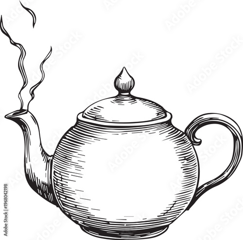 An elegant line drawing showcases a classic teapot. Smoke gently rises from the spout. Evoking warmth and tranquility.