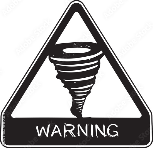 An illustrated tornado warning sign, the black and white triangular sign conveying a message of caution and alerting about a potential natural disaster.
