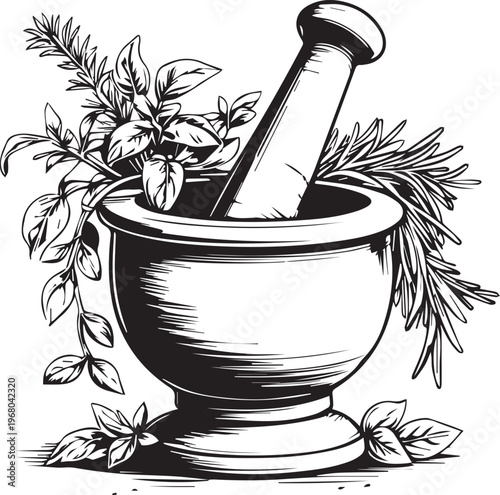 A detailed illustration showcases a mortar and pestle, accompanied by an array of fresh herbs, perfect for culinary endeavors.