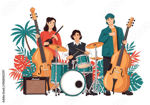Musical Trio Performing with Double Bass and Drums in Tropical Setting, Flat Vector Illustration of Jazz Band with Monstera and Palm Leaves