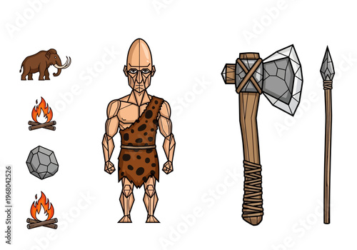 Prehistoric Stone Age Vector Illustration Set with Caveman, Mammoth, Stone Axe, Spear, and Campfire Icons on White Background