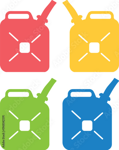 Colorful gas cans vector illustration set, vibrant fuel containers, essential automotive and industrial equipment, flat design style for energy and transport concepts