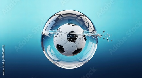 Soccer ball in water, football in bubble, sports photography, aquatic scene