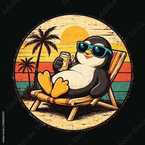 Relaxed Penguin Sunglasses Beer Vintage Graphic Tee Design
