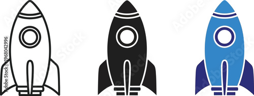 Rocket ship icon set black white and blue variations