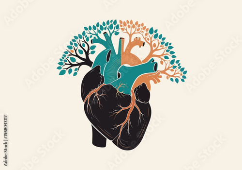 Conceptual Human Heart Illustration with Tree Branches and Leaves Representing Growth, Health, and the Connection Between Nature and Vitality
