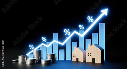 Wooden houses near metal coin stacks beneath glowing rising financial percentage chart representing real estate market property investment mortgage rates wealth growth