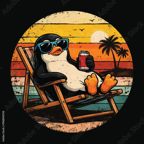 Relaxed Penguin Sunglasses Beer Vintage Graphic Tee Design