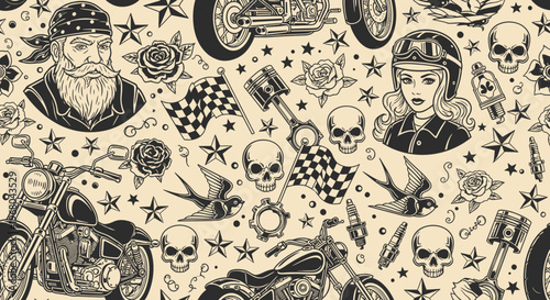 Vintage Biker Tattoo Seamless Pattern with Skulls, Motorcycles, and Roses