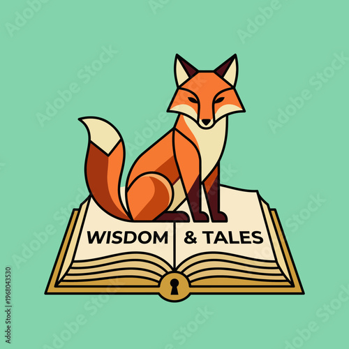 This charming illustration showcases a stylized fox perched on an open book, symbolizing wisdom and storytelling, appealing to readers and lovers of tales and folklore.
