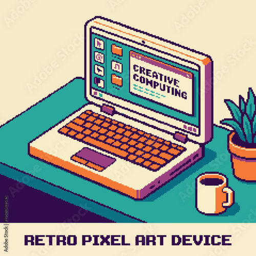 This delightful pixel art image showcases a retro laptop with a creative computing theme, ideal for tech enthusiasts or retro gaming, bringing nostalgia and innovation to life.