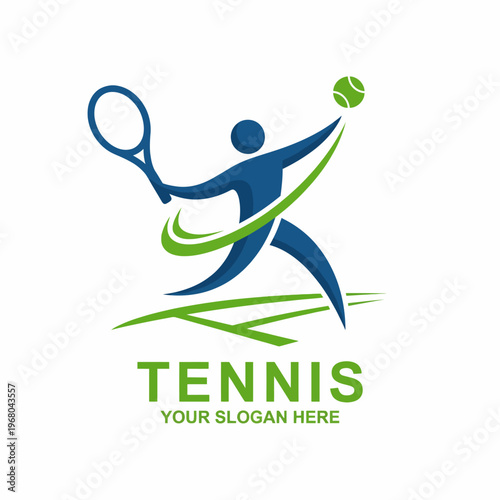 An energetic logo depicting a tennis player in action, perfect for sports organizations, tennis clubs or any promotional material focused on athleticism and competition.