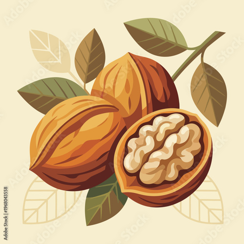 A detailed illustration of walnuts surrounded by leaves, ideal for culinary designs, food packaging, health products, or any project that highlights natural ingredients and nutrition.