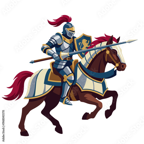 This dynamic illustration displays a noble knight riding a galloping horse, complete with armor and a spear, reflecting bravery and adventure in a medieval themed art style.
