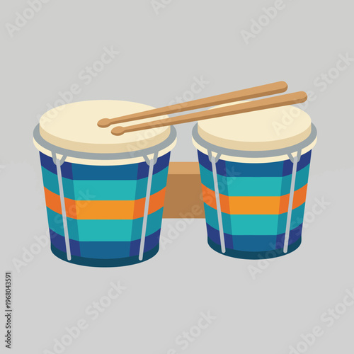 This image showcases a colorful bongo drum set with vibrant stripes and mallets, ideal for representing music, rhythm, and entertainment in a playful and lively design style.