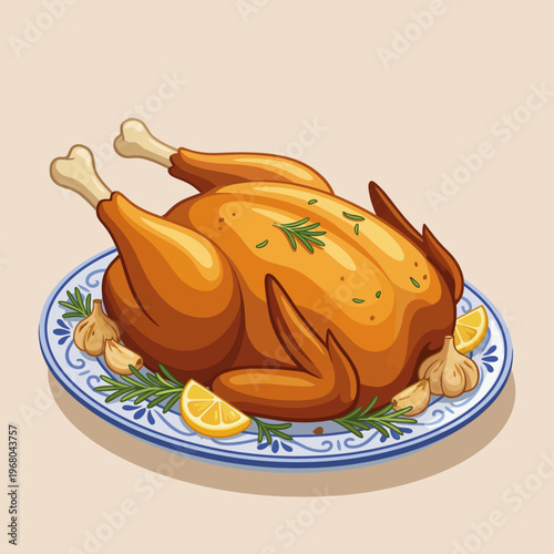 A beautifully presented roast chicken garnished with fresh herbs and lemon slices, perfect for festive gatherings and family meals, showcasing culinary art and appetizing dish.