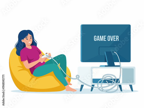 A young woman sitting on a bean bag, looking frustrated at the 'Game Over' screen, depicting the emotional ups and downs of gaming culture and the challenges faced by gamers.