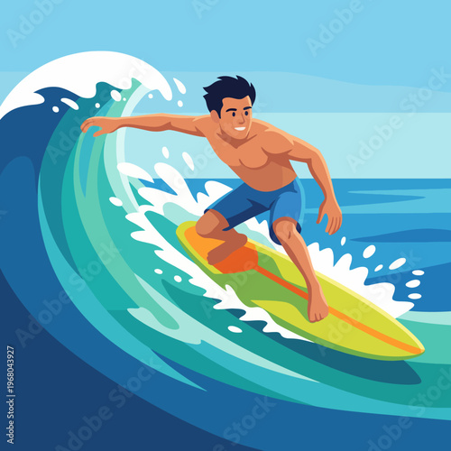 This lively image captures a thrilling moment of a surfer riding a dynamic wave, symbolizing adventure, freedom, and the youthful spirit of surfing culture by the ocean.