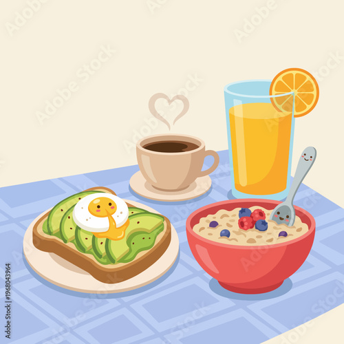 This delightful image showcases a nutritious breakfast spread featuring avocado toast, oatmeal with fruits, coffee, and juice, highlighting the importance of a balanced morning meal.